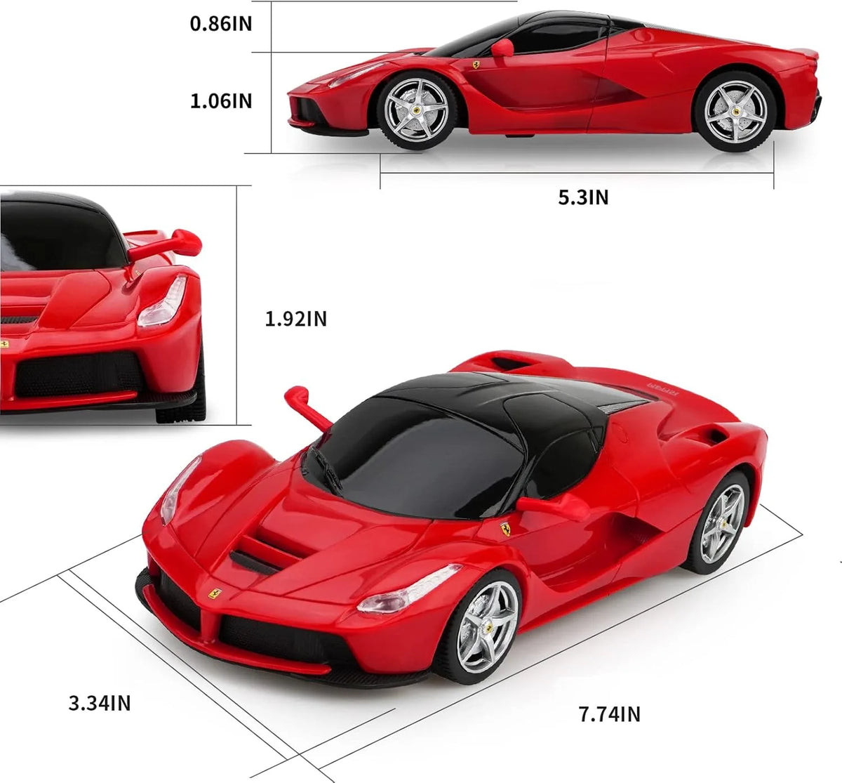 Red toy Ferrari car with dimensions displayed on a white background