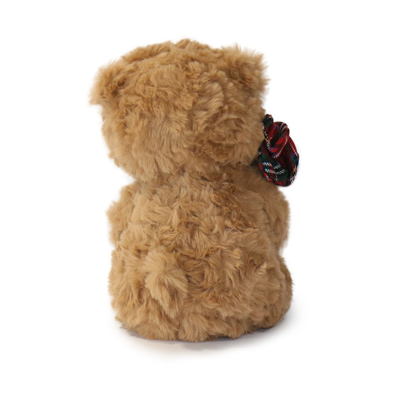 Brown teddy bear with a plaid bow on a white background
