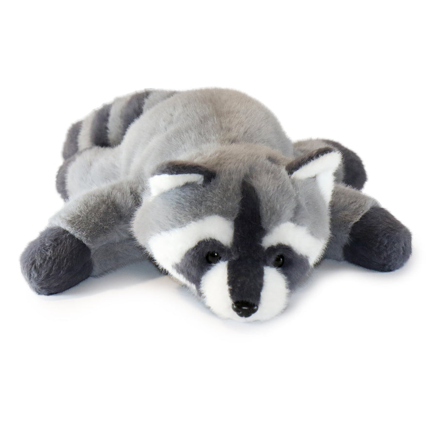 Plush toy raccoon lying on a white background