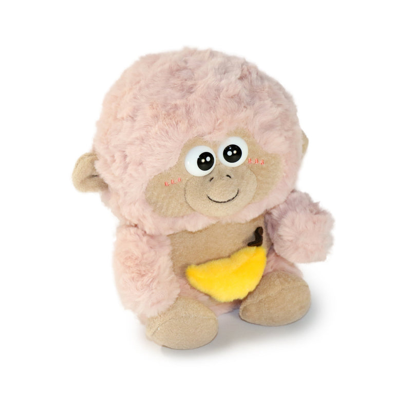 Plush monkey toy with pink fuzzy texture holding a banana on a white background