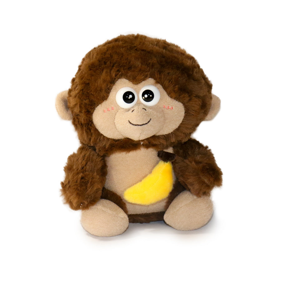 Plush monkey toy with a yellow tummy on a white background