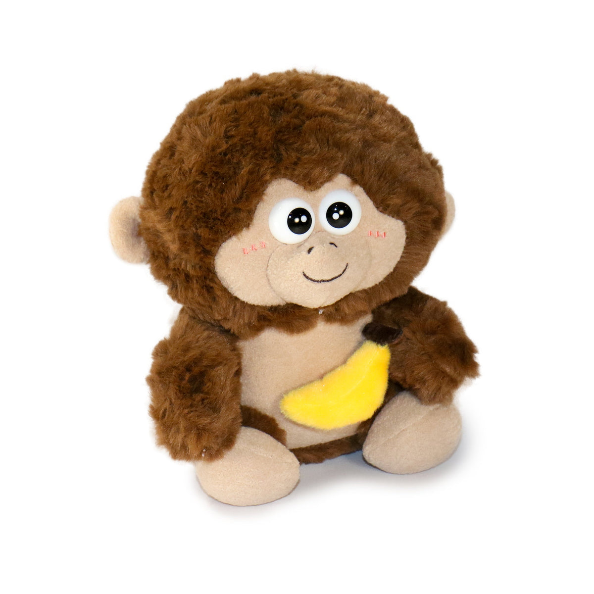 Plush monkey toy with a banana on a white background
