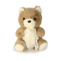 Stuffed teddy bear with a white ribbon and message on a white background