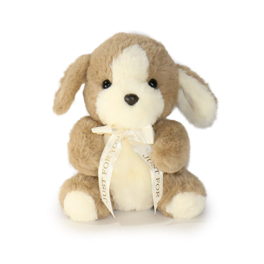 Stuffed dog toy with a white ribbon on a white background