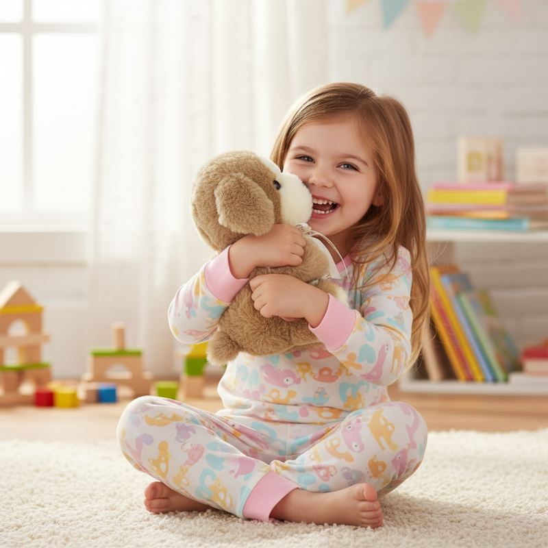 Child in pajamas holding a teddy bear in a room with toys and books.