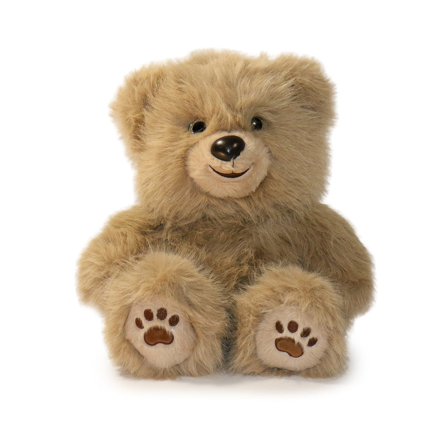 Plush teddy bear with paw prints on a white background