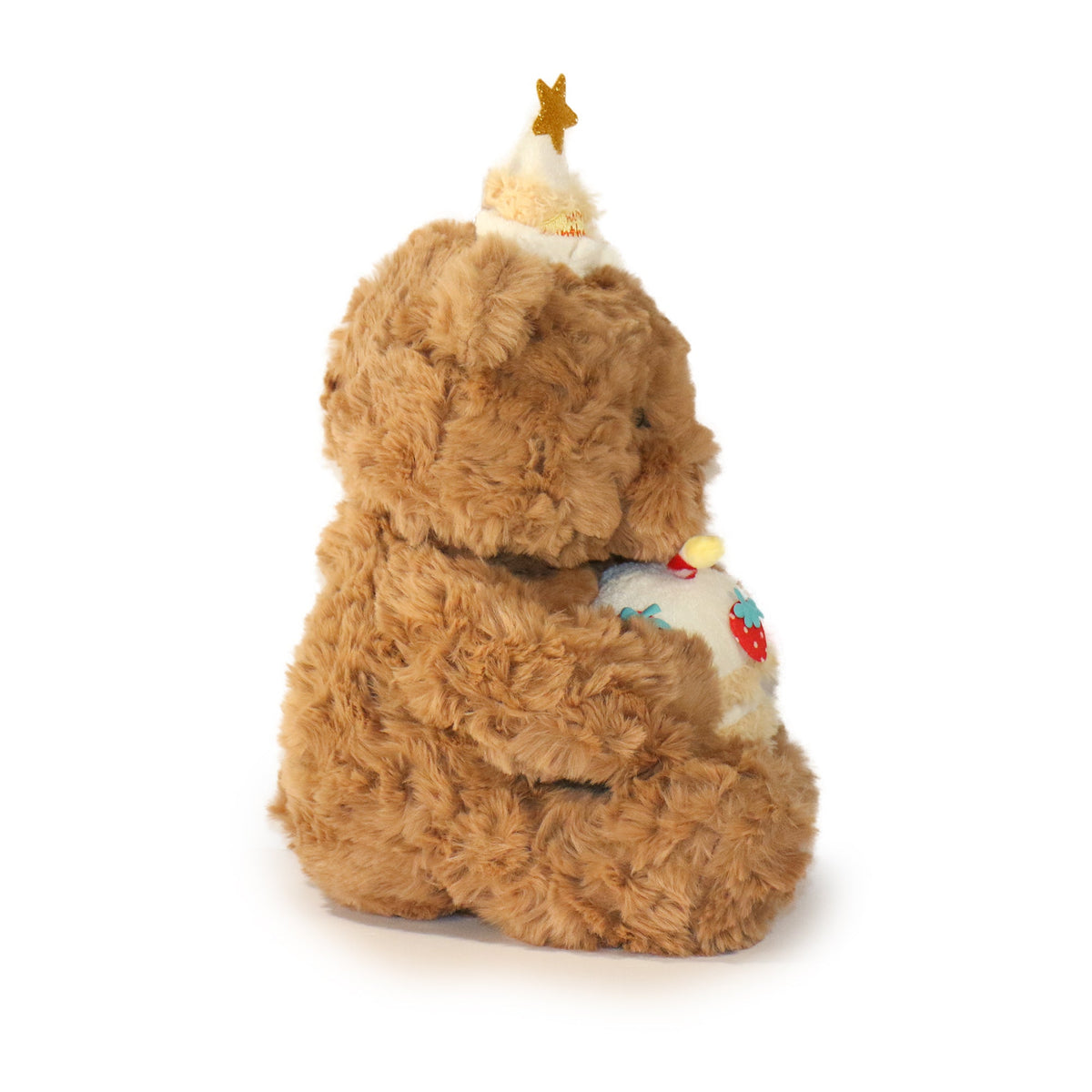 Plush teddy bear shaped like a Christmas tree on a white background