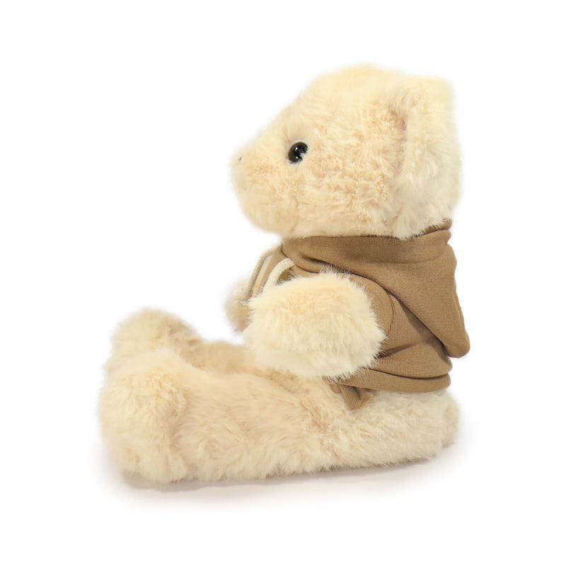 Plush toy snake with a beige hood on a white background