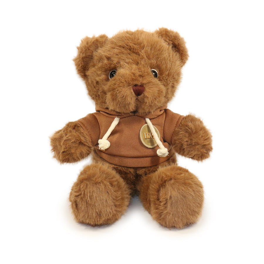 Brown teddy bear wearing a hoodie with a logo on a white background