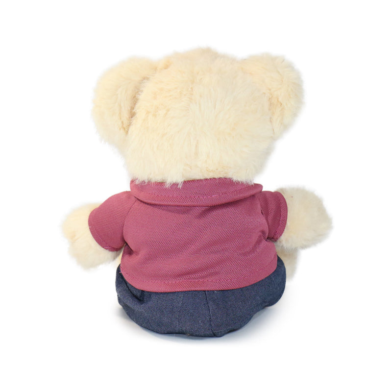 Stuffed bear toy wearing a pink shirt and blue pants on a white background