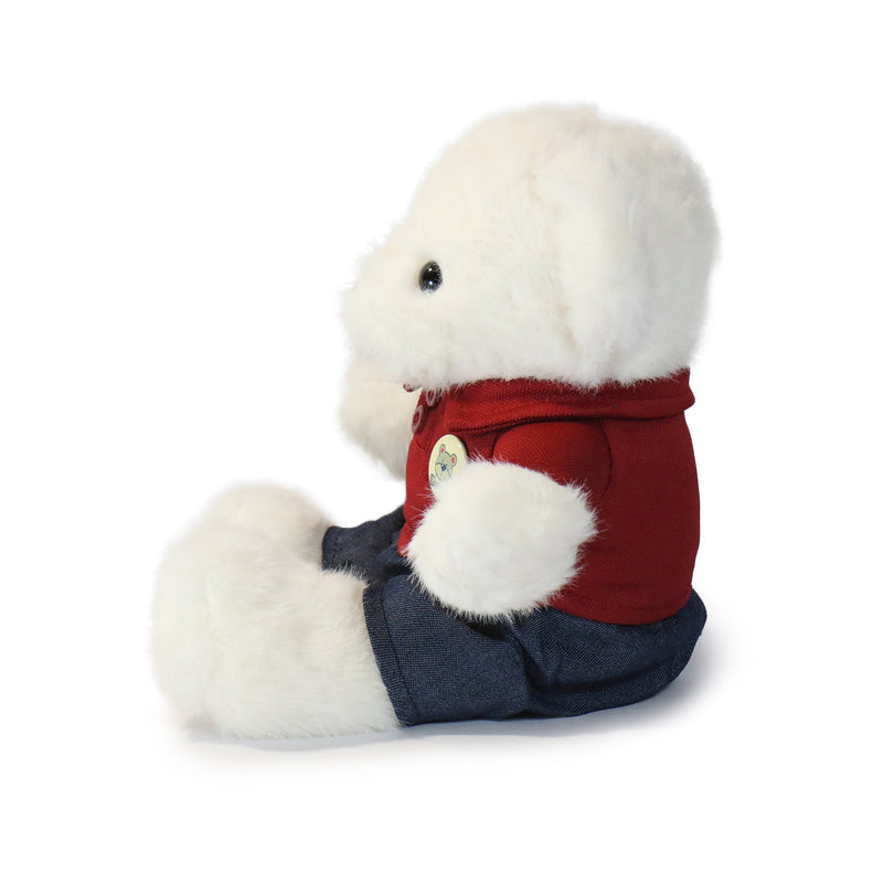 Plush toy rabbit wearing a red sweater and blue pants on a white background