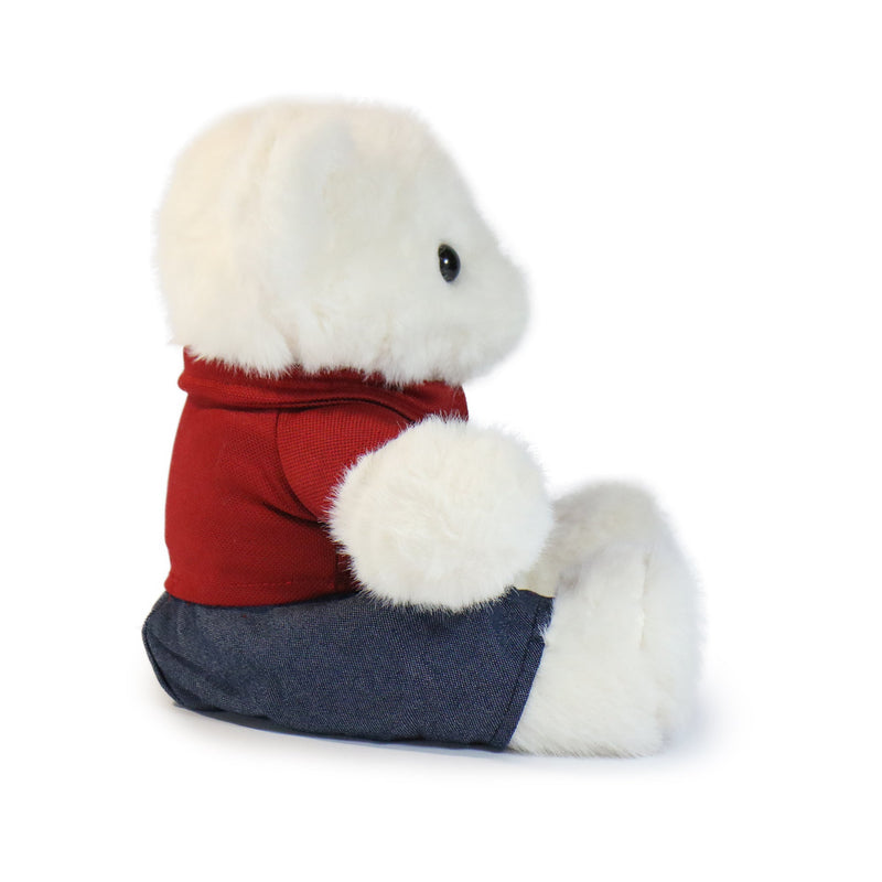 Stuffed animal toy with a red shirt and blue pants on a white background
