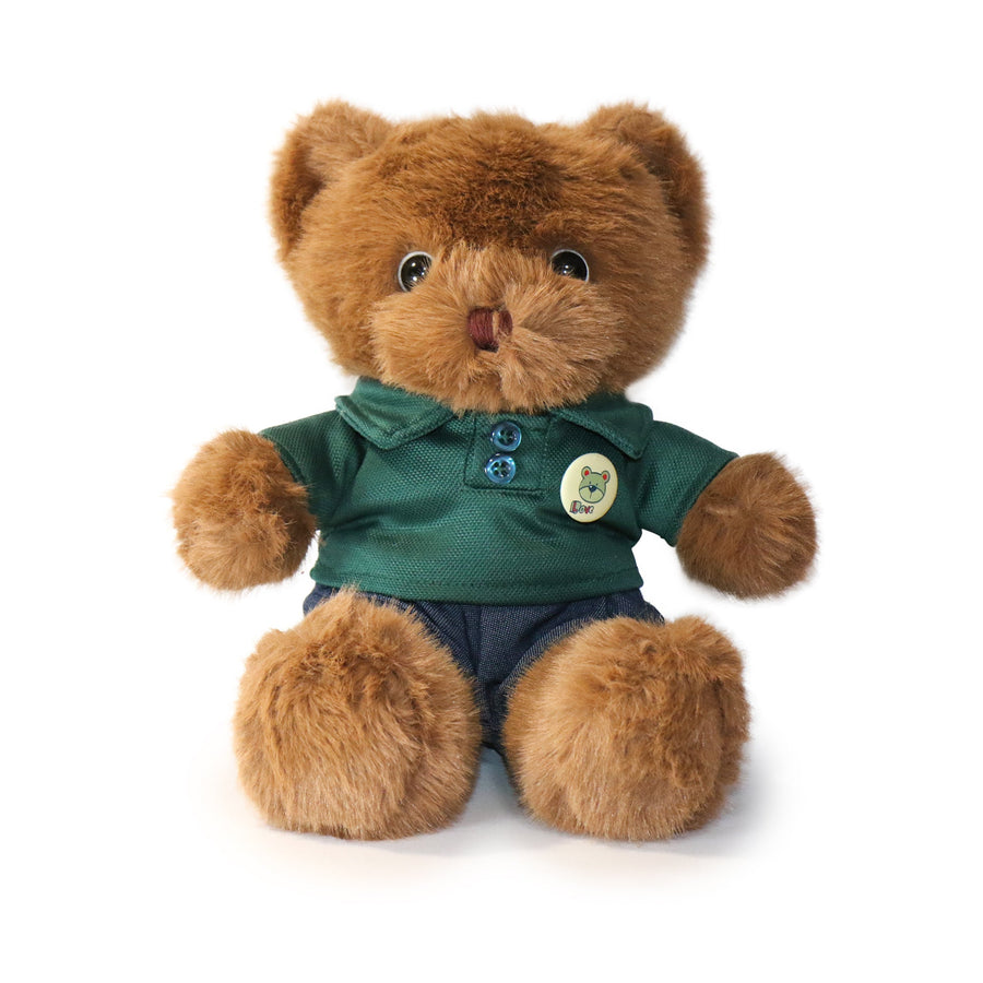Brown teddy bear wearing a green shirt with buttons and a badge on a white background
