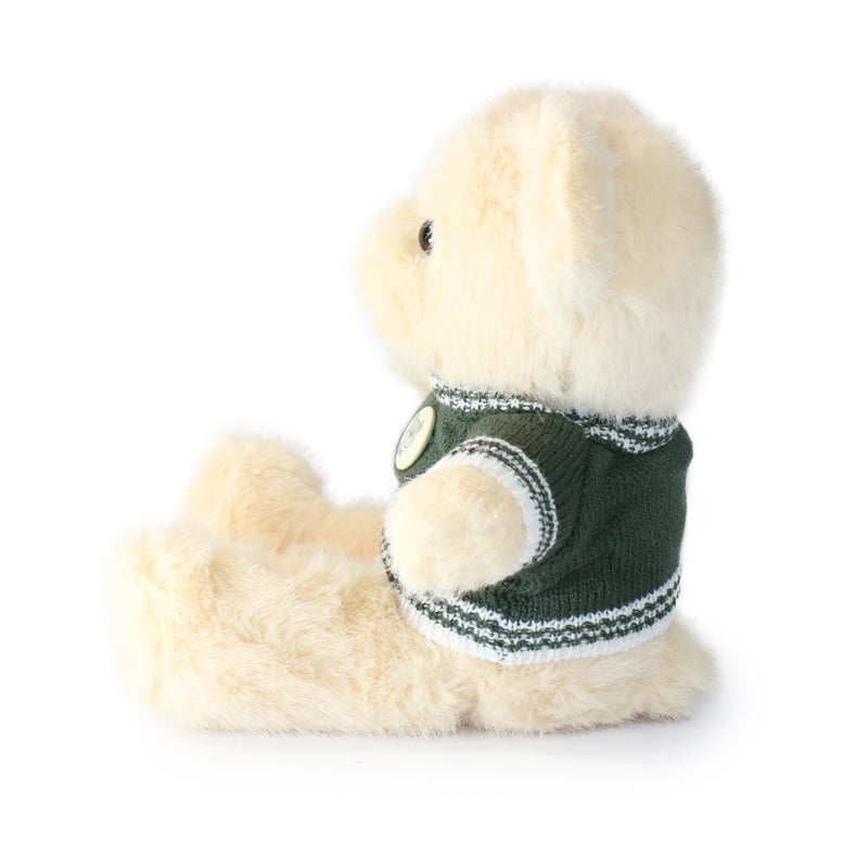 Plush toy resembling a dog wearing a green sweater on a white background