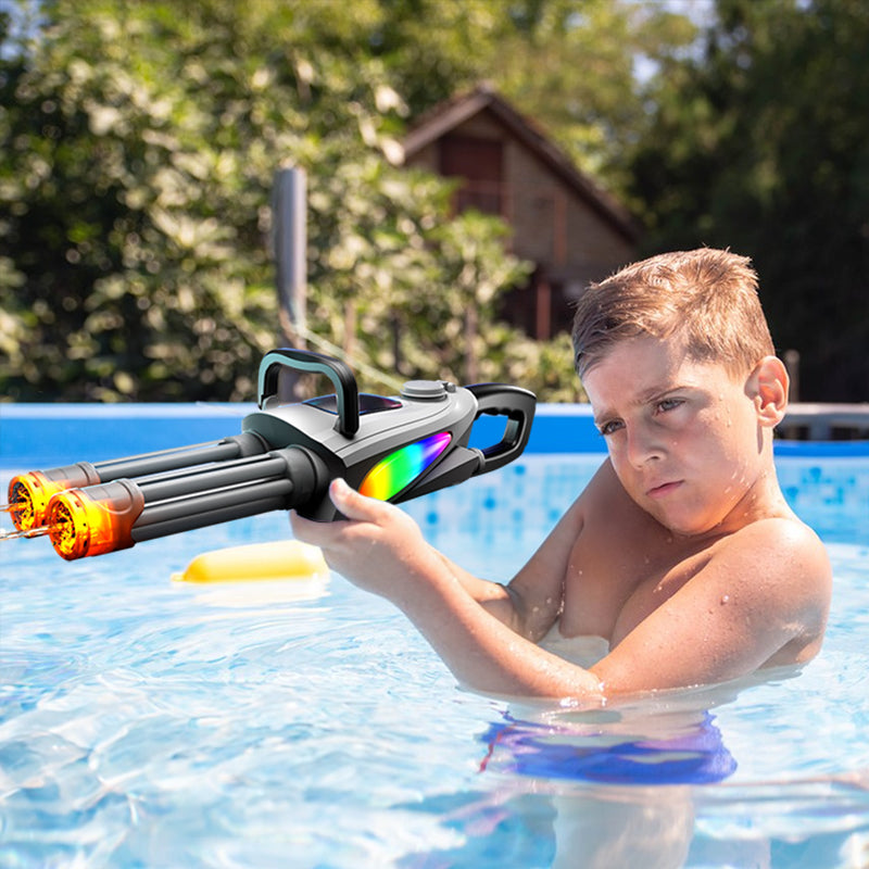 Child holding a water gun in a pool with trees and a building in the background