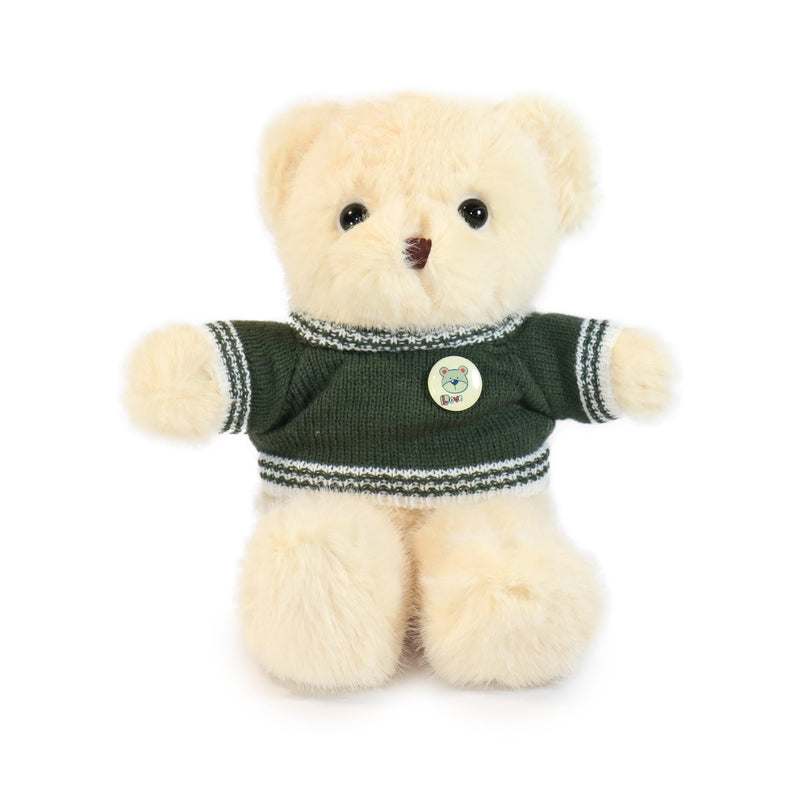 Plush teddy bear wearing a green sweater with a button on a white background