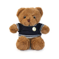 Brown teddy bear wearing a navy sweater with a gold button on a white background