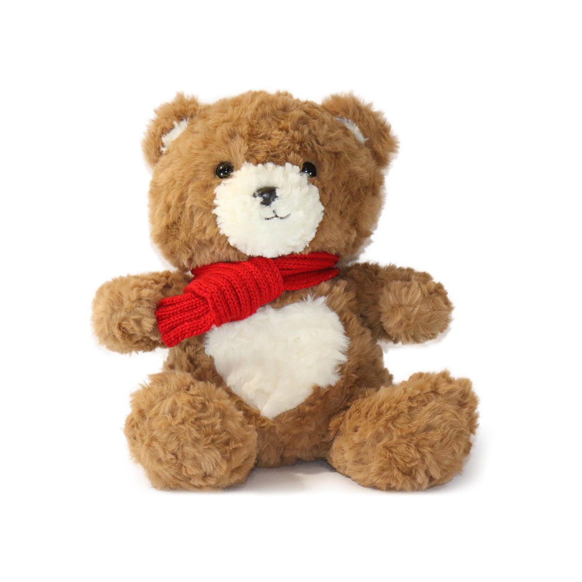 Brown teddy bear with a red scarf on a white background