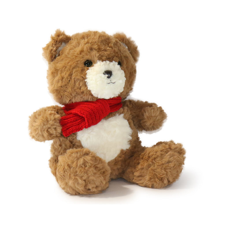 Brown teddy bear with a red scarf on a white background