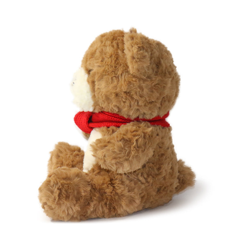 Brown teddy bear with a red scarf on a white background