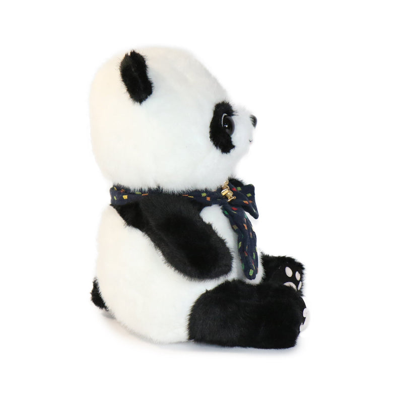 Plush panda bear wearing a patterned scarf on a white background