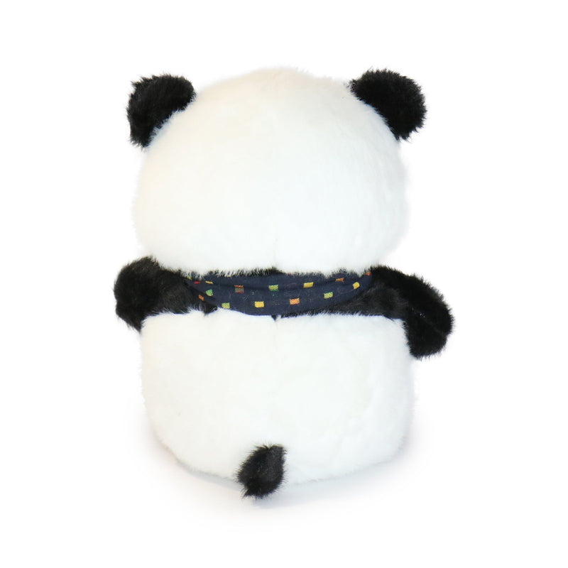 Plush panda toy with a colorful patterned scarf on a white background