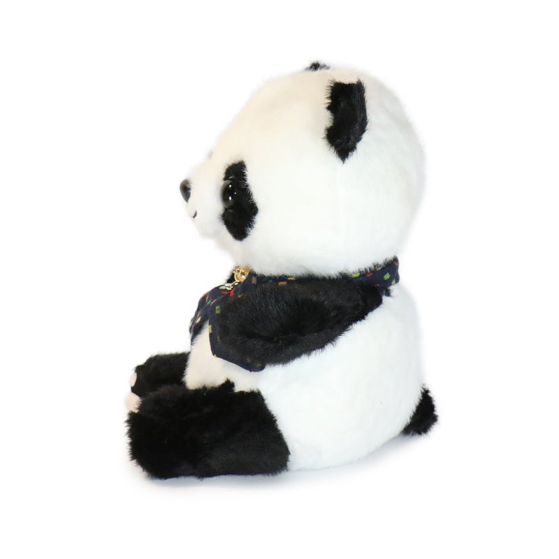 Plush panda toy with a dark blue scarf on a white background