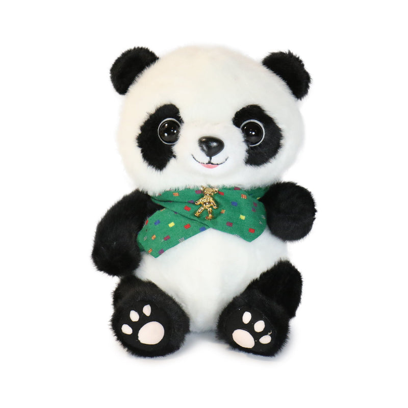 Plush panda toy with a green scarf on a white background