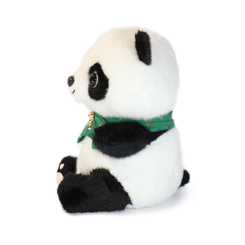 Plush panda toy with a green scarf on a white background
