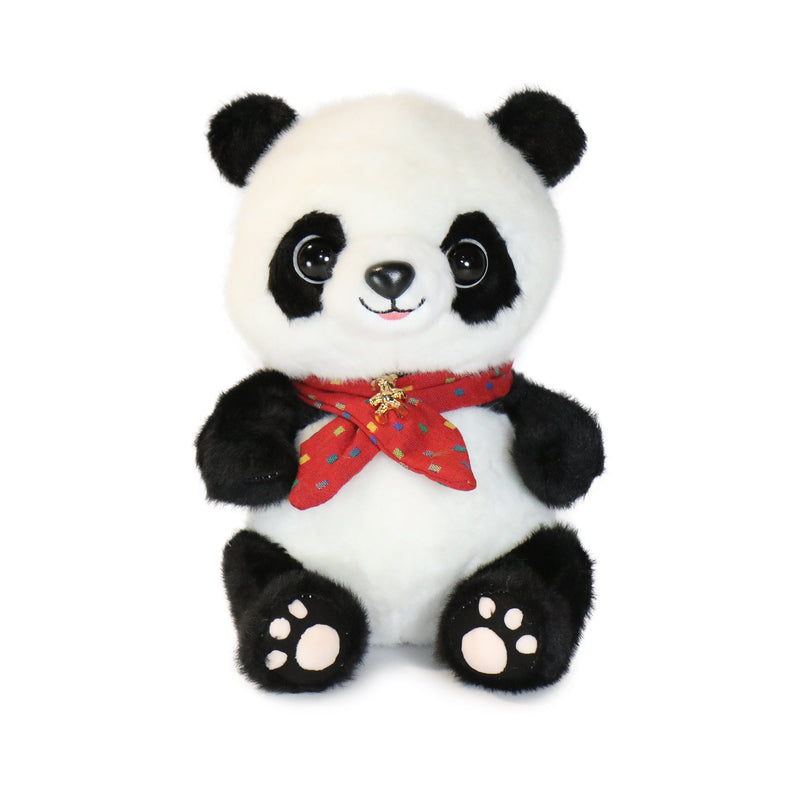 Plush panda toy with a red bow tie on a white background