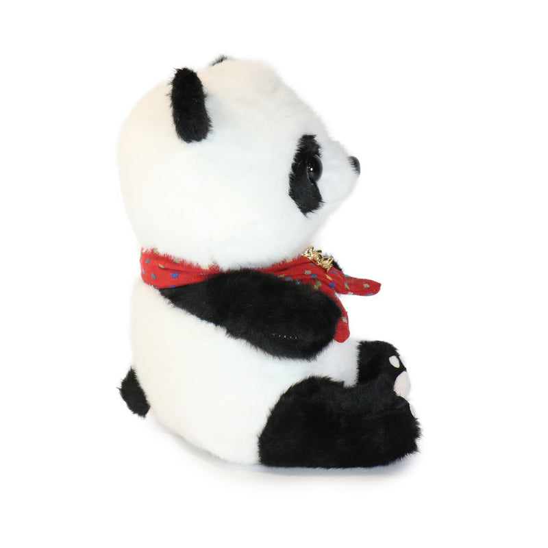 Plush panda bear toy with a red scarf on a white background