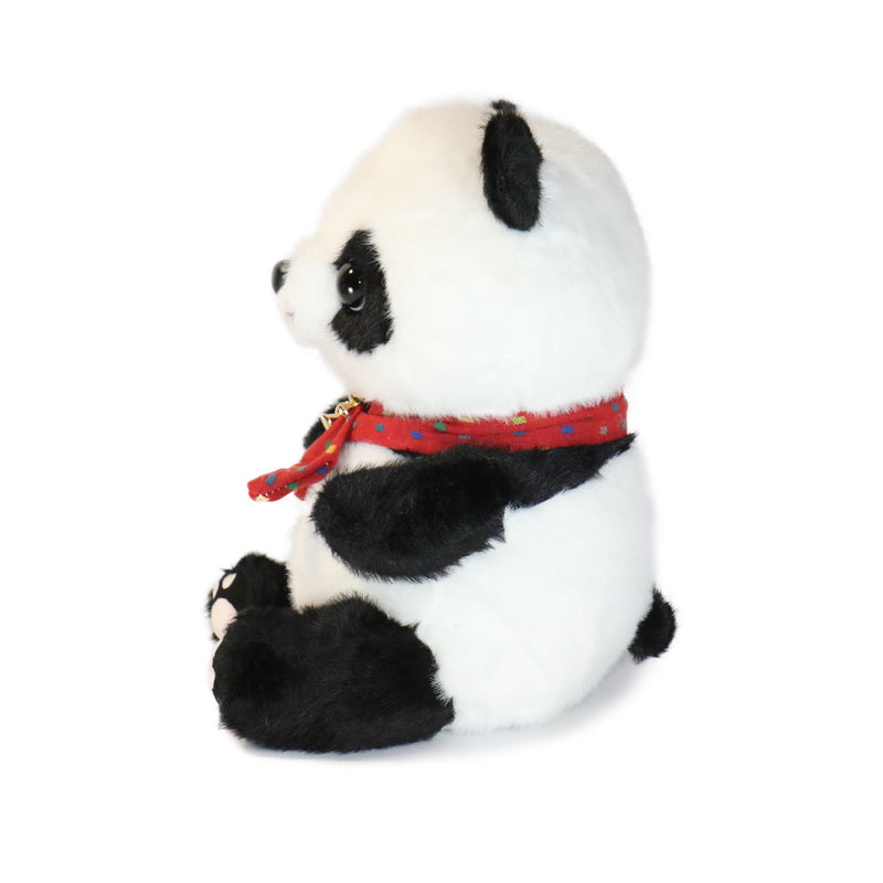 Plush panda toy with a red bow tie on a white background