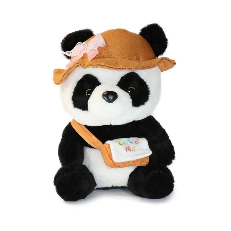 Plush panda toy wearing a brown hat and carrying a sign with 'love me' on a white background