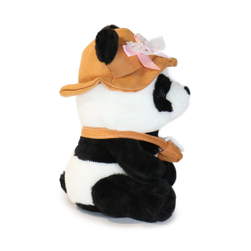 Plush panda bear toy wearing a brown hat with a pink flower on a white background