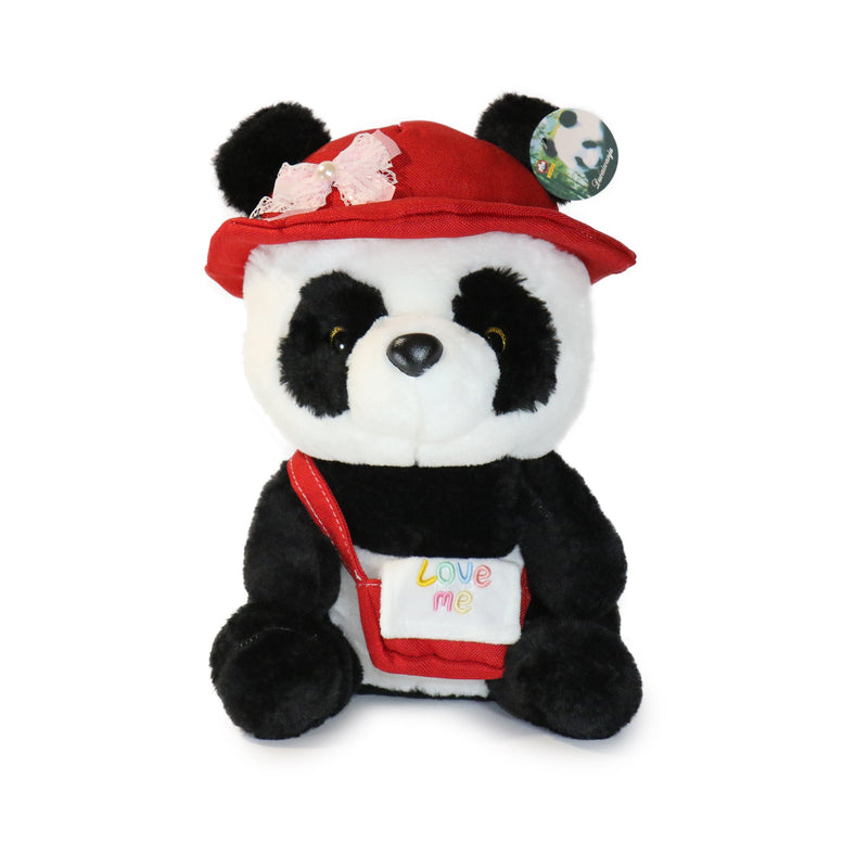 Plush panda bear wearing a red hat and backpack with 'LOVE ME' text on a white background
