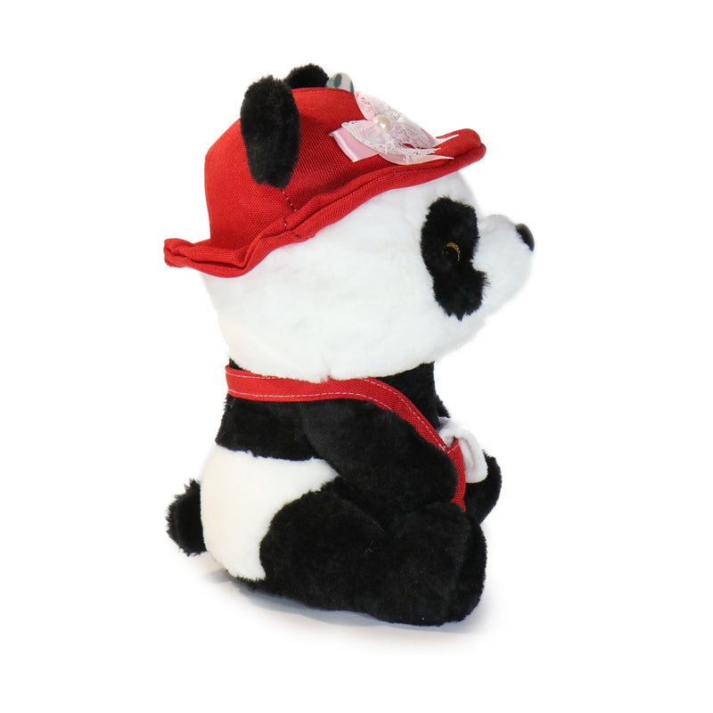 Plush panda bear wearing a red hat and scarf on a white background
