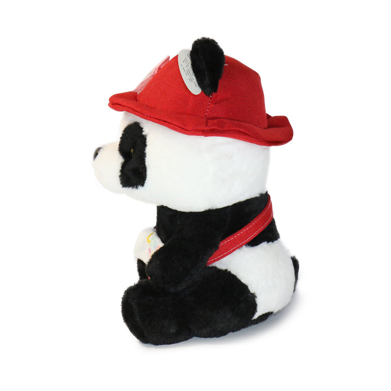 Plush toy panda wearing a red cap and harness on a white background