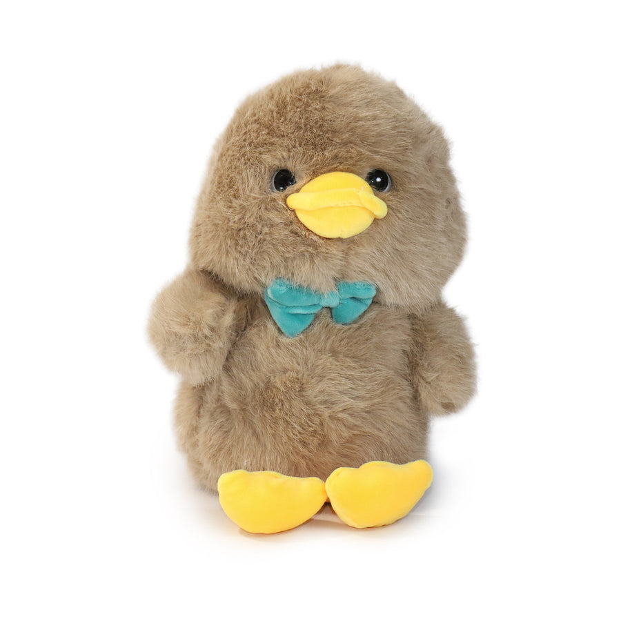 Plush toy penguin with a yellow beak and feet, wearing a blue bow tie on a white background.