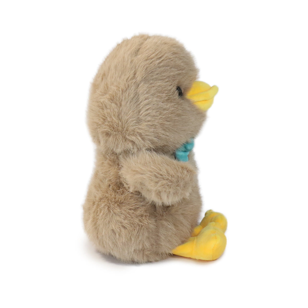 Plush toy duck with a blue bow tie on a white background