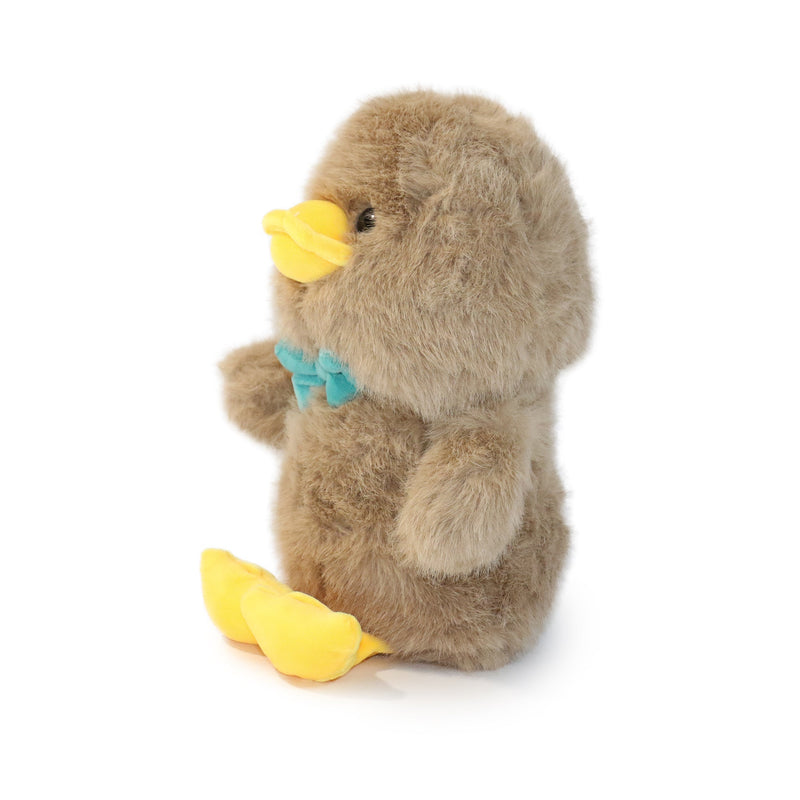 Plush toy penguin with yellow beak and feet on a white background