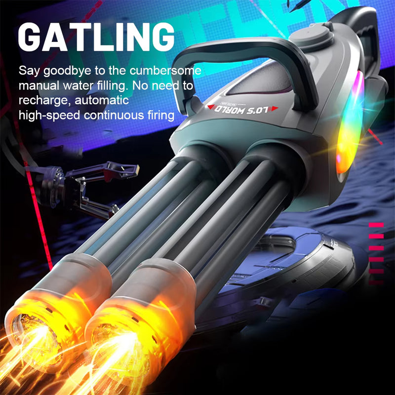 Gatling gun-like device with glowing nozzles on a dark background
