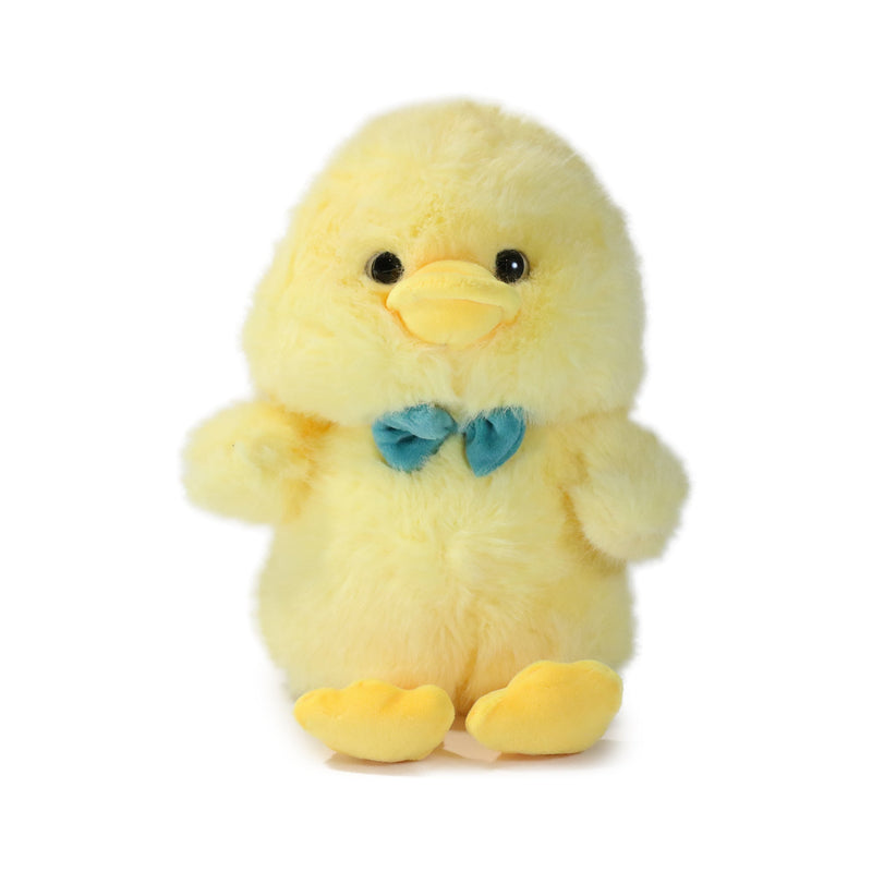Plush toy chick with a blue bow tie on a white background
