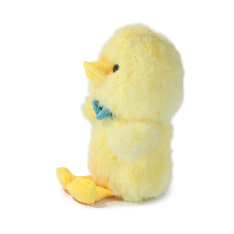 Yellow plush duck toy on a white background