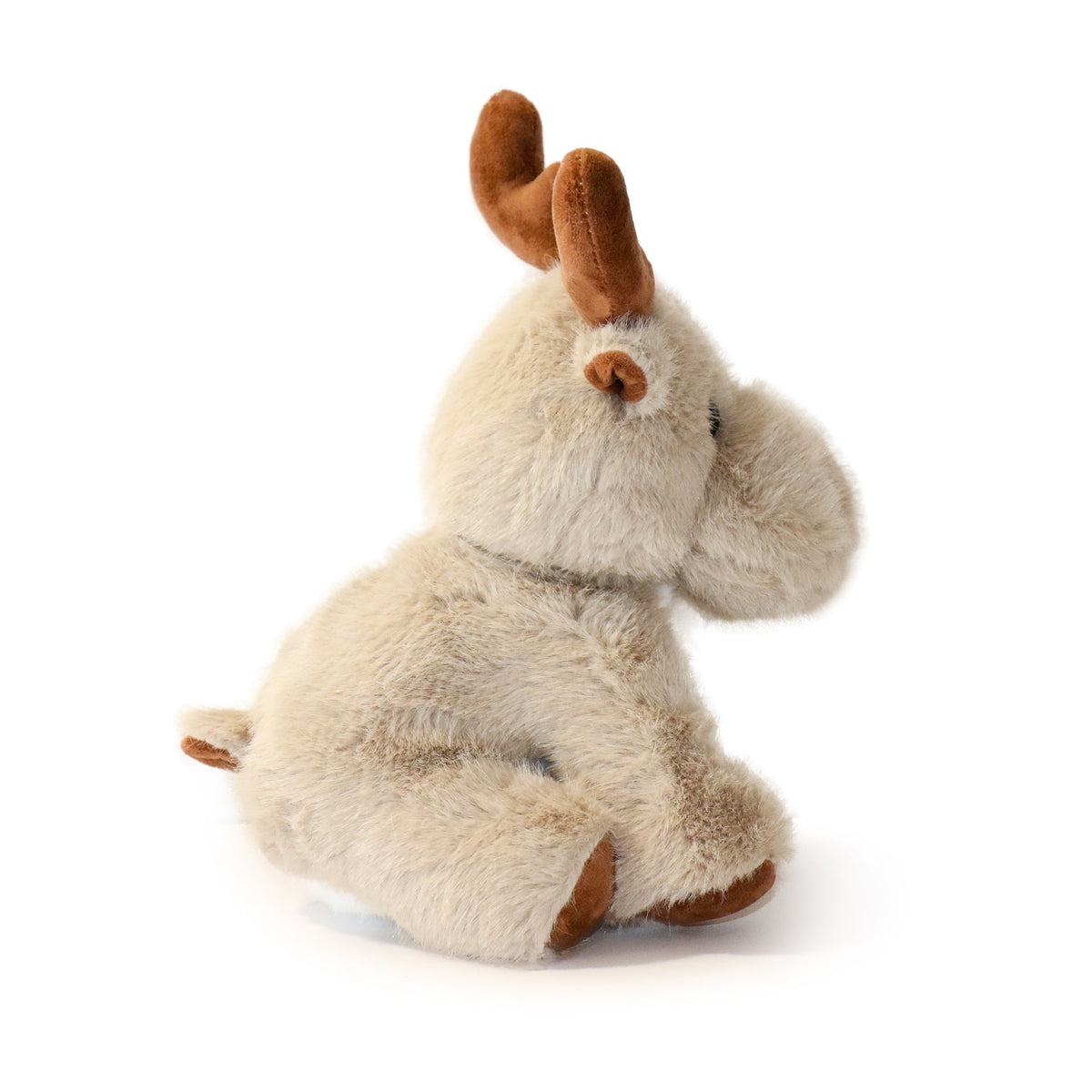 Plush toy resembling a deer with brown antlers on a white background