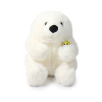 White plush toy bear with a small yellow creature on a white background