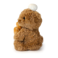 Brown teddy bear with a white ball on its head against a white background