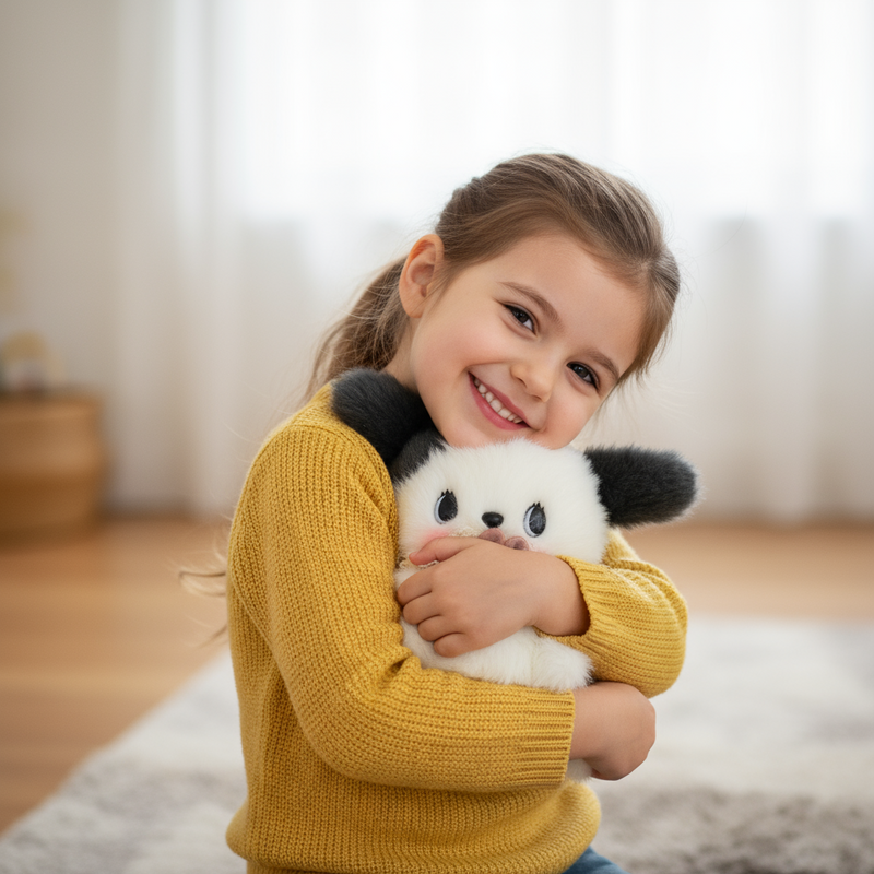Child holding a plush toy in a cozy indoor setting