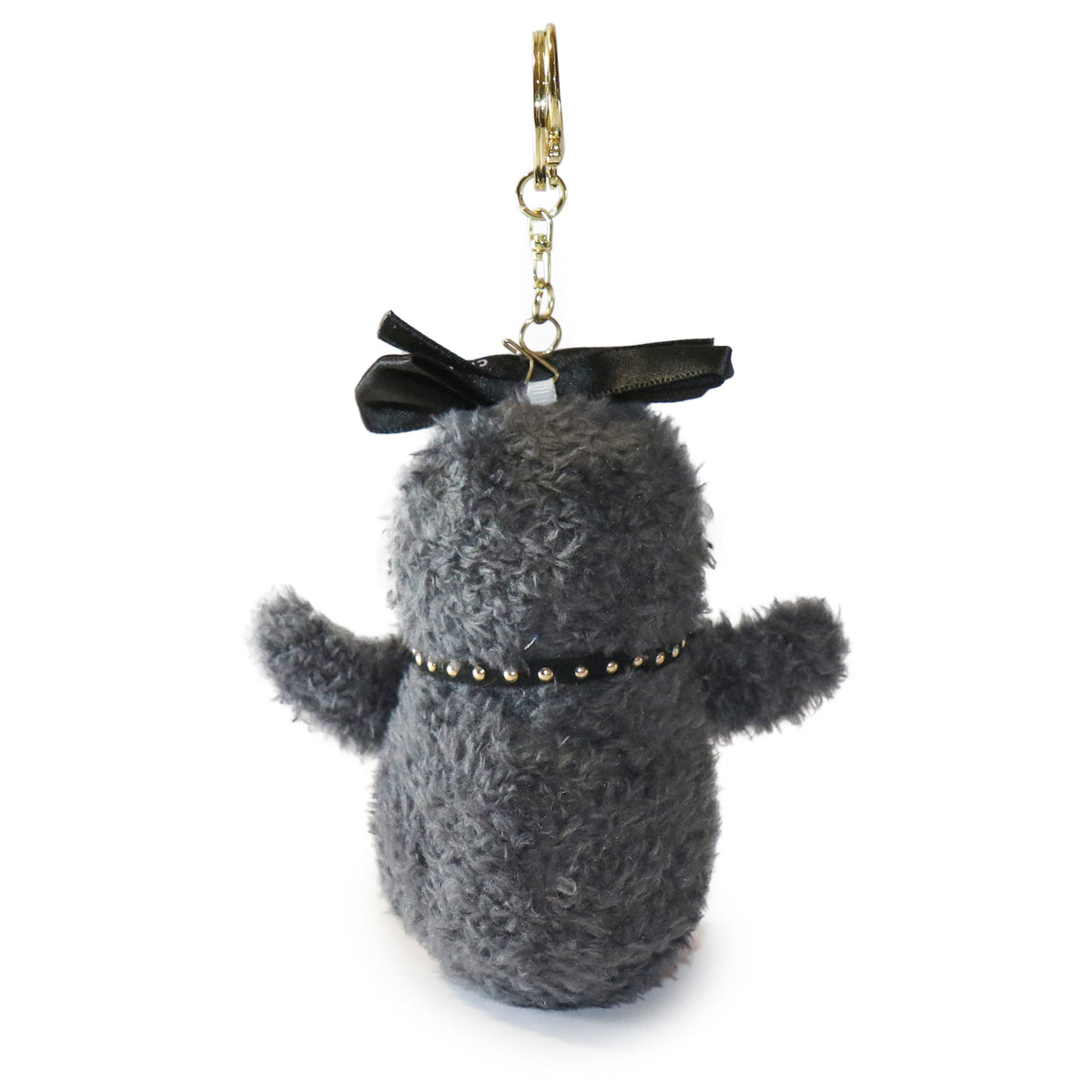 Gray plush keychain with a black bow and gold accents on a white background