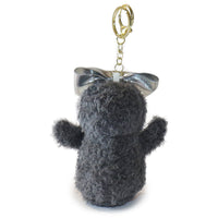 Gray plush keychain with a bow on a white background