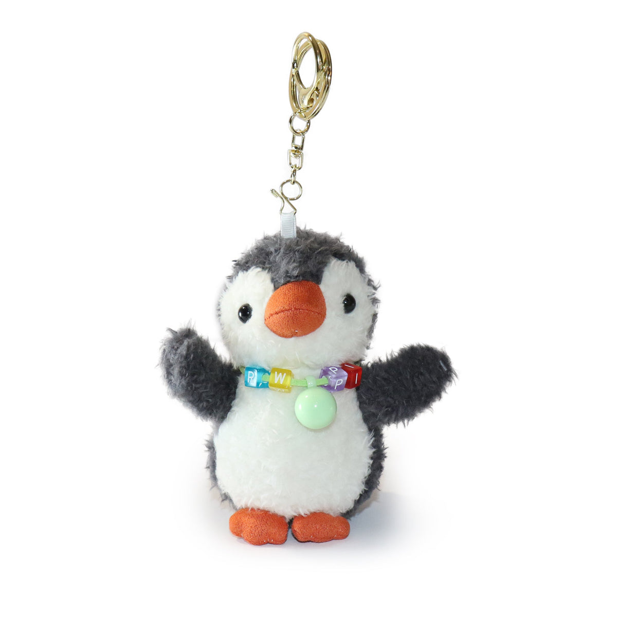 Plush penguin keychain with colorful beads on a white background